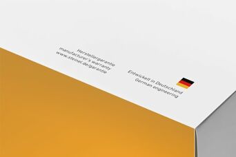 Steinel-Verpackung mit Garantiehinweis und „German Engineering“-Label samt deutscher Flagge.