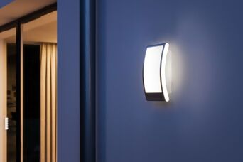 Moderne Außenwandleuchte mit geschwungenem Design, sorgt für stilvolle und angenehme Beleuchtung im Eingangsbereich.