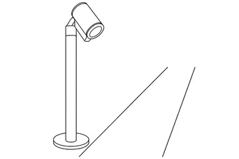 Piktogramm einer Wegeleuchte mit schwenkbarem Leuchtenkopf neben einem angedeuteten Weg.