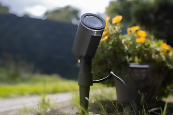 Steinel LED-Spot mit Erdspieß für flexible Gartenbeleuchtung neben einem Blumentopf.