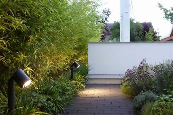 Beleuchteter Gartenweg mit Steinel Spots, die gezielte Lichtakzente auf Pflanzen setzen.